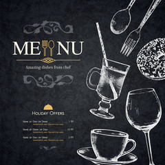 Restaurant menu design. Vector menu brochure template for cafe, coffee house, restaurant, bar. Food and drinks logotype symbol design. With a sketch pictures - 144943001