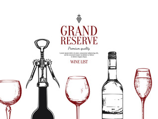 Wine list design. Vector brochure template for winery, cafe, restaurant, bar. Wine bottles and glasses