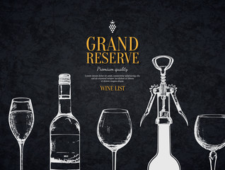 Wine list design. Vector brochure template for winery, cafe, restaurant, bar. Wine bottles and glasses - 144943020