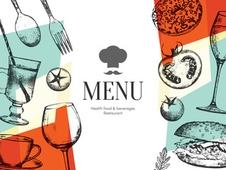 Restaurant menu design. Vector menu brochure template for cafe, coffee house, restaurant, bar. Food and drinks logotype symbol design. With a sketch pictures - 144943029