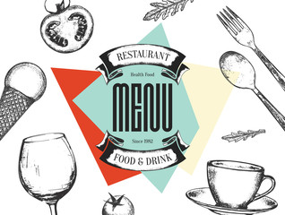 Restaurant menu design. Vector menu brochure template for cafe, coffee house, restaurant, bar. Food and drinks logotype symbol design. With a sketch pictures