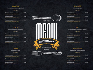 Restaurant menu design. Vector menu brochure template for cafe, coffee house, restaurant, bar. Food and drinks logotype symbol design. With a sketch pictures - obrazy, fototapety, plakaty