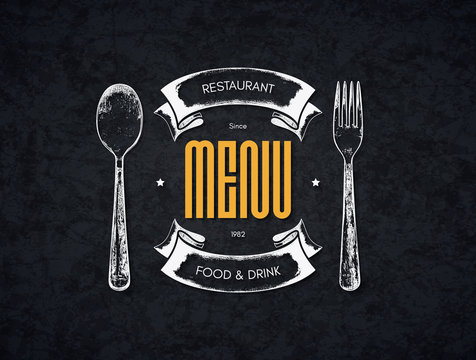 Restaurant menu design. Vector menu brochure template for cafe, coffee house, restaurant, bar. Food and drinks logotype symbol design. With a sketch pictures