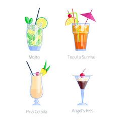 Set of alcoholic cocktails isolated fruit cold drinks tropical cosmopolitan freshness collection and party alcohol sweet tequila vector illustration.