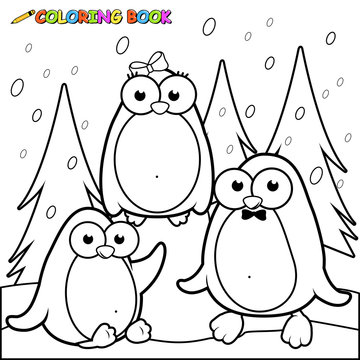 Penguins in the snow. Vector black and white coloring page
