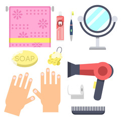 Bath equipment icons modern shower colorful illustration for bathroom interior hygiene vector design.