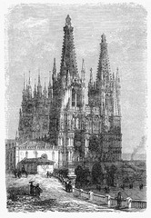 Vintage engraving of Cathedral of St. Mary of Burgos in Gothic style, dating 1221