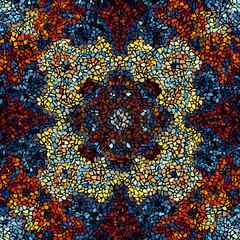 Seamless background pattern. Decorative symmetric mosaic pattern on black background.