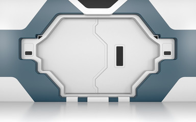 Futuristic metallic white door, gate or entrance in spaceship interior or secret laboratory