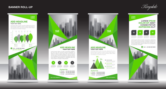 Roll up banner stand template design, Green banner layout, advertisement, Business flyer, polygon background