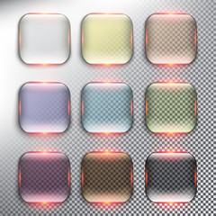 Abstract vector web buttons set of 9. Isolated with realistic, transparent glass shine and shadow on the light background. Vector illustration. Eps10.
