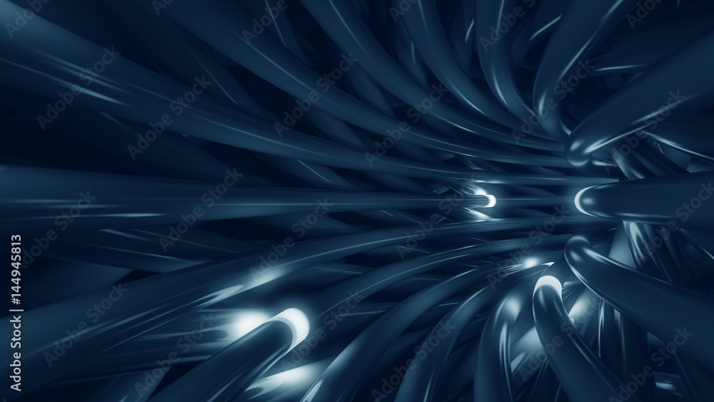 Poster blue cables, wires and trasmitting data signals, seamless loop. information technology concept. 3d r