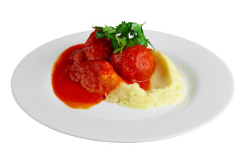 Fish meatballs with mashed potato and tomato sauce isolated on white
