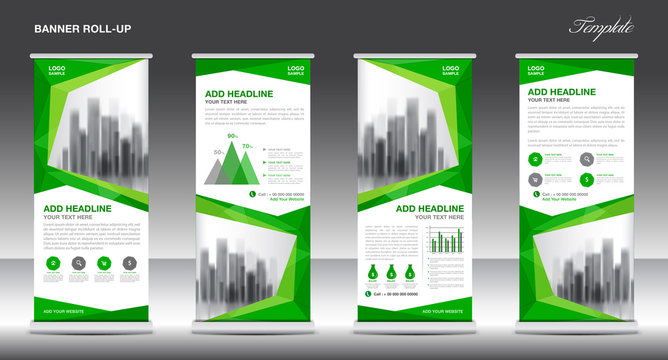 Roll up banner stand template design, Green banner layout, advertisement, polygon background