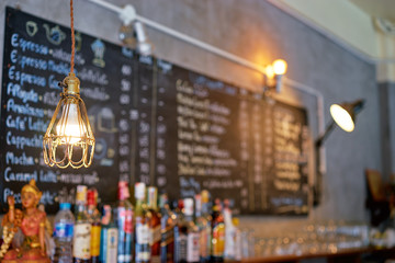Light, bulb and lantern. Cafe and bar interior.