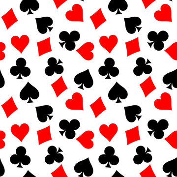 Seamless pattern background of poker suits - hearts, clubs, spades and diamonds - on white background. Casino gambling theme vector illustration.