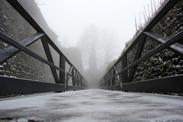 Bridge with snow, winter landscape