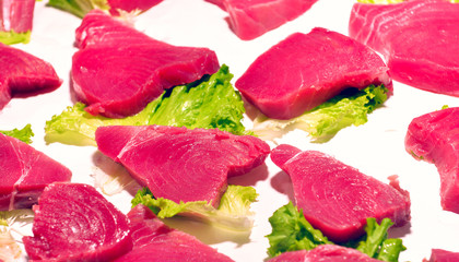 steaks fresh tuna on display fish market