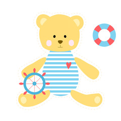 Fototapeta premium Cute teddy bear sailor. In striped clothes with helm and lifebuoy. Nice template for your design.