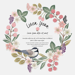  Vector illustration of a beautiful floral wreath with a cute bird on a floral branch in spring for Wedding, anniversary, birthday and party. Design for banner, poster, card, invitation and scrapbook 