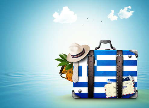 Fototapeta Greece, vintage suitcase with Greece flag