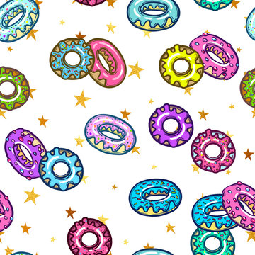 Seamless pattern with delicious donuts. Hand-drawn Vector illustration. Sweet desserts with fudge.