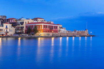 Old Venetian port of Chania at night, Crete. Greece