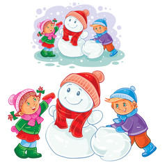 Vector winter illustration of small children mold snowmen. Print