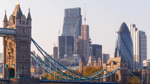 Tower Bridge Time-Lapse with the City of London close up. Daytime traffic time-lapse.