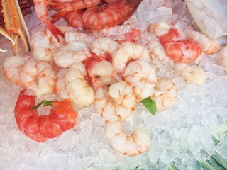 Fresh raw shrimps on ice