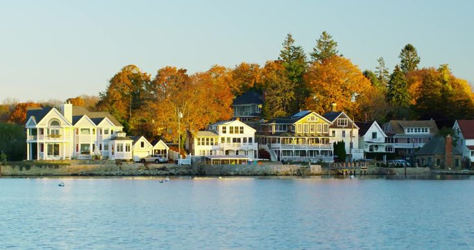 Slow motion shot of a small New England town during morning time. 