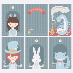 Set of postcards with characters of Wonderland. Alice in Wonderland, White rabbit, Mad Hatter, Caterpillar. Vector posters, cards