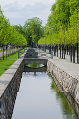 Picturesque water canal in spring time Kadriorg park, Tallinn, E