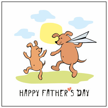 Happy father’s day greeting card in cartoon style with cute dogs. Vector illustration.