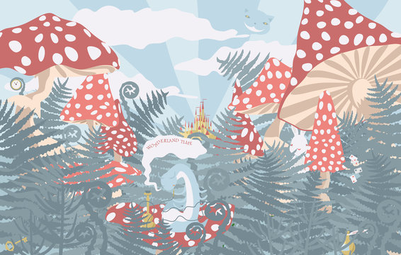 Wonderland background. Wonderland landscape with mushrooms, ferns and grass. Caterpillar with a hookah, Cheshire cat and the white rabbit (the characters in fantasy tales Alice in wonderland)