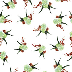 Seamless pattern with flowers and leaves on white background. Wedding design. Hand drawn watercolor illustration.