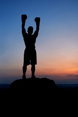 Fototapeta premium Vertical shot of a silhouette of a muscular fit boxing fighter celebrating winning with a victorious gesture raising his arms in gloves up in the air sunset on the background copyspace achievement .