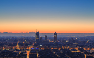 Fototapeta na wymiar Dawn over the French city of Lyon. Seen from landmark Fourviere.