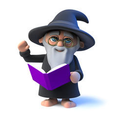 Fototapeta na wymiar 3d Funny cartoon wizard character reads from his book magic spells
