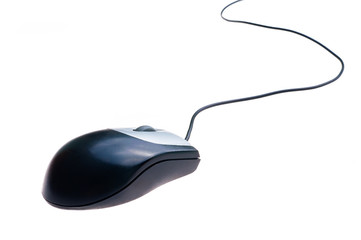 Computer mouse with cord on white background