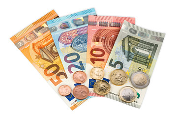 euro currency coin and bank notes isolated on white background background / Euro Euroscheine und...