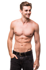 Fototapeta premium Healthy athlete body with nice muscle on white backgound