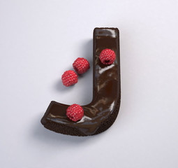 Chocolate Brownie Font Concept. Delicious Letter J with raspberries in it. 3d rendering illustration.