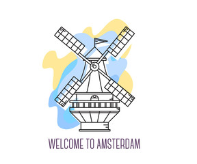 Vector illustration of Windmill the Netherlands. Amsterdam landmark. Symbol of Holland.