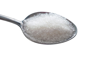 Spoon of fine granulated sugar isolated on white