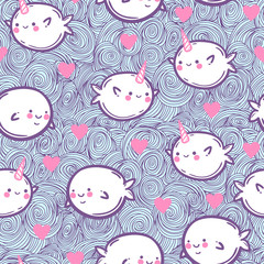 Seamless pattern with unicorn fish and whales.