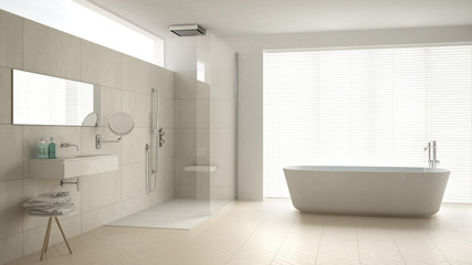 Naklejka na ściany i meble Minimalist bathroom with bathtub and shower, parquet floor and marble tiles, classic white interior design