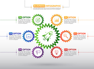 Infographic design template with gear chain. Colorful gear symbol with number, icons and Information text.