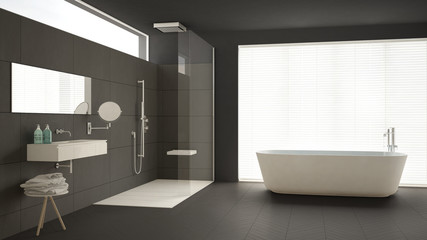 Minimalist bathroom with bathtub and shower, parquet floor and marble tiles, classic gray interior design