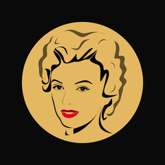 Beauty logo. Woman's face. Abstract concept. Flat design. Vector illustration, gold-black background.